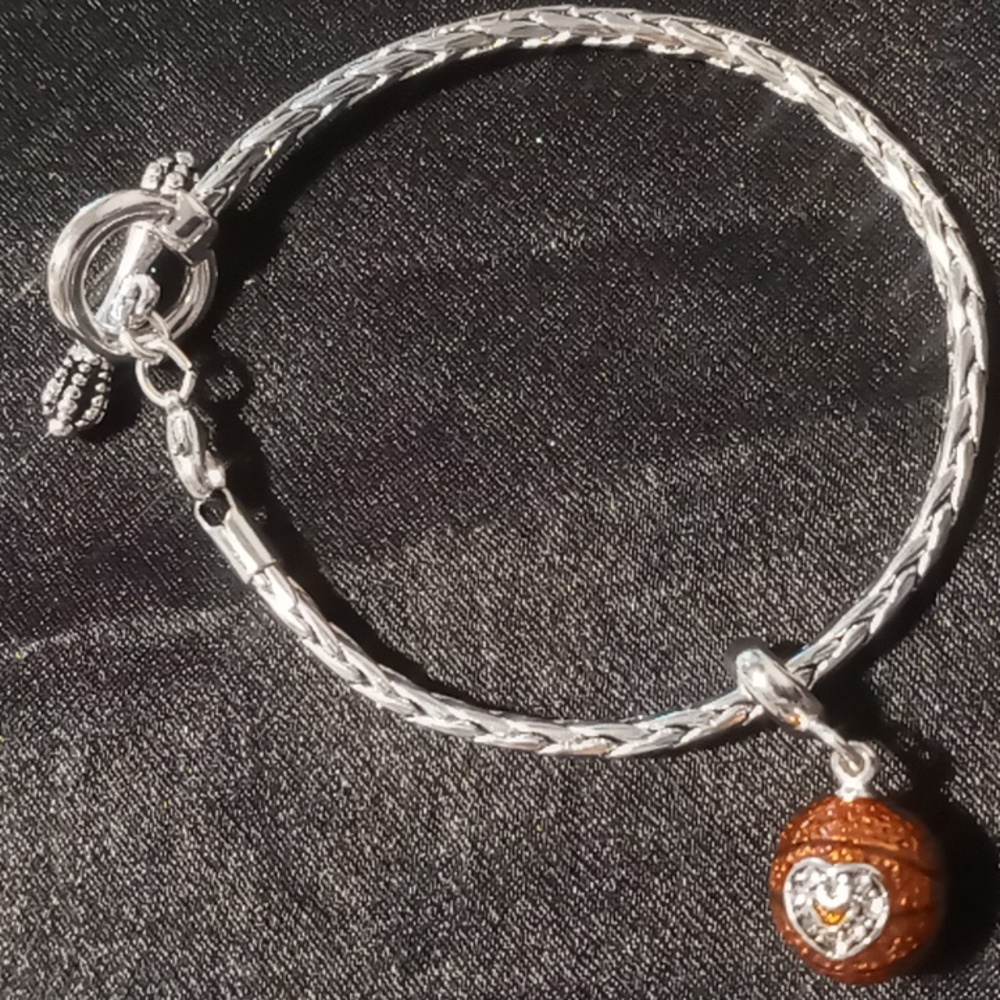 Basketball charm bracelet silver plated with a basketball charm and toggle clasp